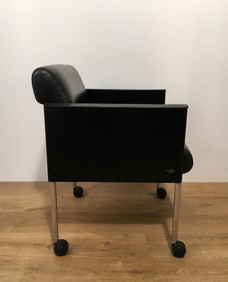 Rosenthal. Set Of 4 Black Lacquered And Leather Armchairs On Casters. Circa 1970 photo vintage
