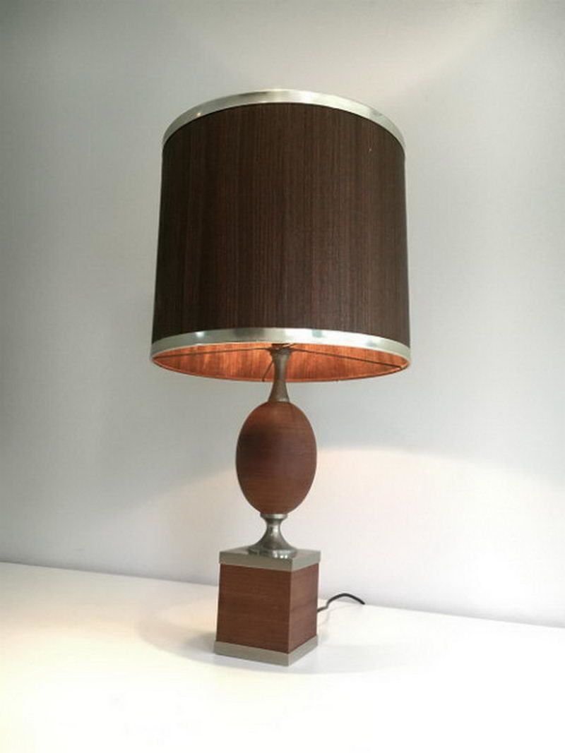 Wood And Brushed Steel Egg Lamp With Wooden Shade. Circa 1970 photo for sale