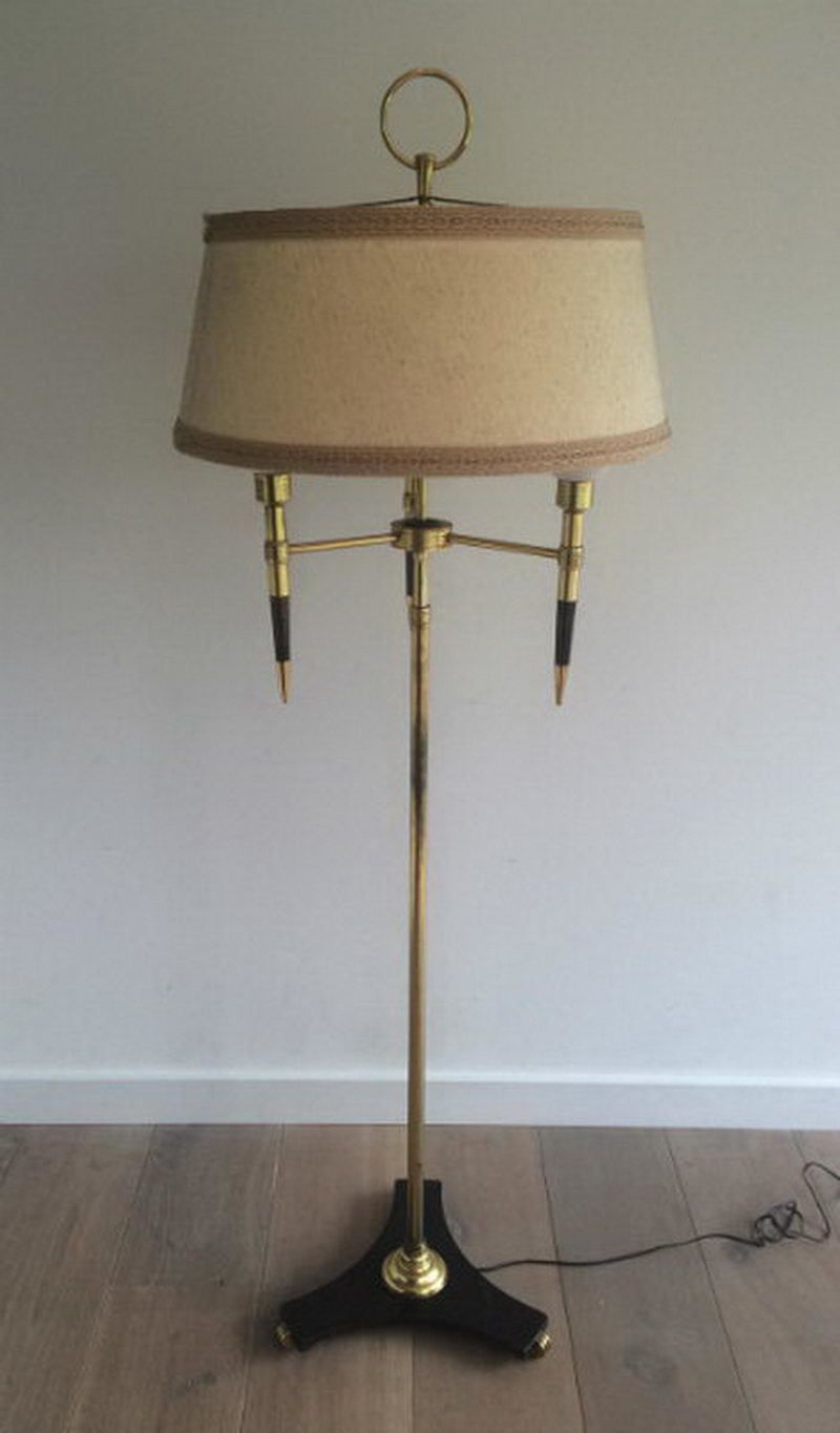 Unusual Brass And Wood Floor Lamp With White Opaline Globes. Circa 1970 photo Lighting
