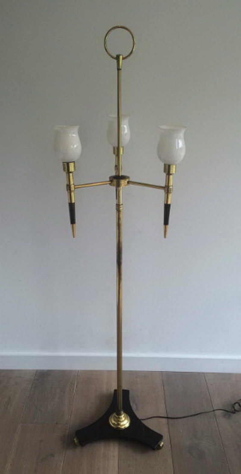 Unusual Brass And Wood Floor Lamp With White Opaline Globes. Circa 1970 photo 1140.0