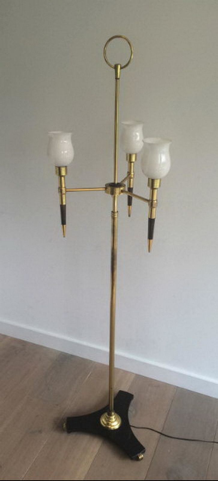 Unusual Brass And Wood Floor Lamp With White Opaline Globes. Circa 1970 photo vinterior