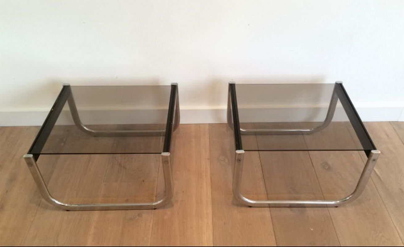 Pair Of Chrome, Black Wood And Glass Side Tables. Circa 1970 photo for sale