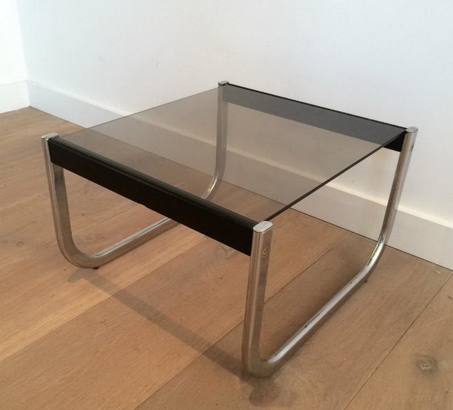 Pair Of Chrome, Black Wood And Glass Side Tables. Circa 1970 photo vinterior