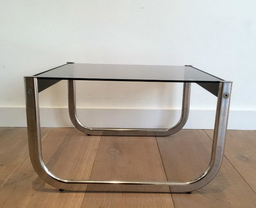 Pair Of Chrome, Black Wood And Glass Side Tables. Circa 1970 photo vintage