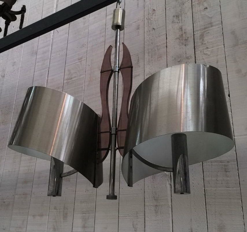 Maison Charles. Interesting Brushed Steel And Lucite Chandelier. Circa 1960 photo Lighting
