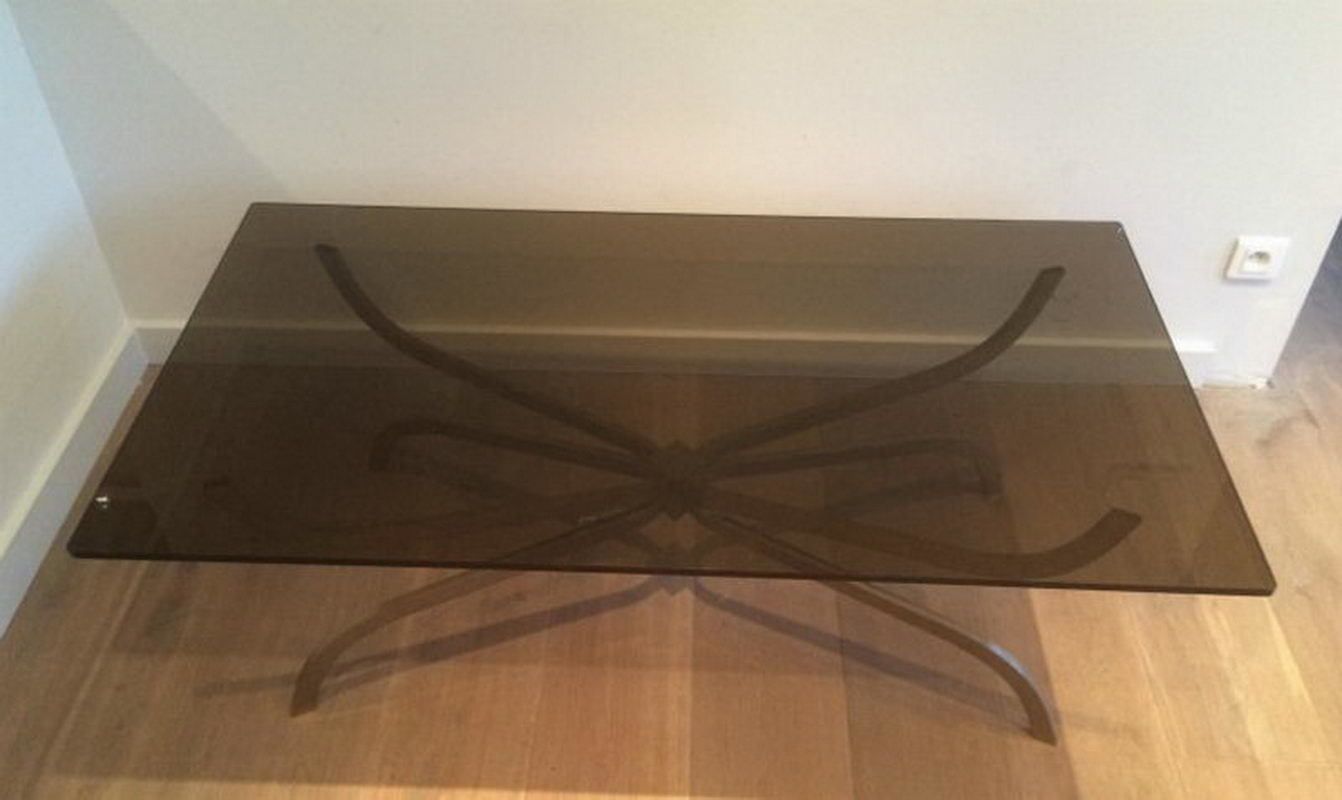 Maison Charles. Interesting Brushed Steel Coffee Table With Smoked Glass Top. Top Quality. Circa 1960 photo Furniture
