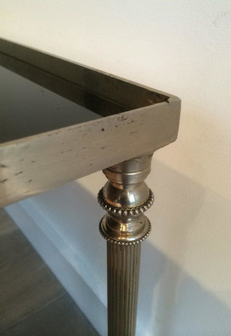 In The Style Of Maison Jansen. Silvered Coffee Table With Black Lacquered Glass Top. Circa 1940 photo 1080.0