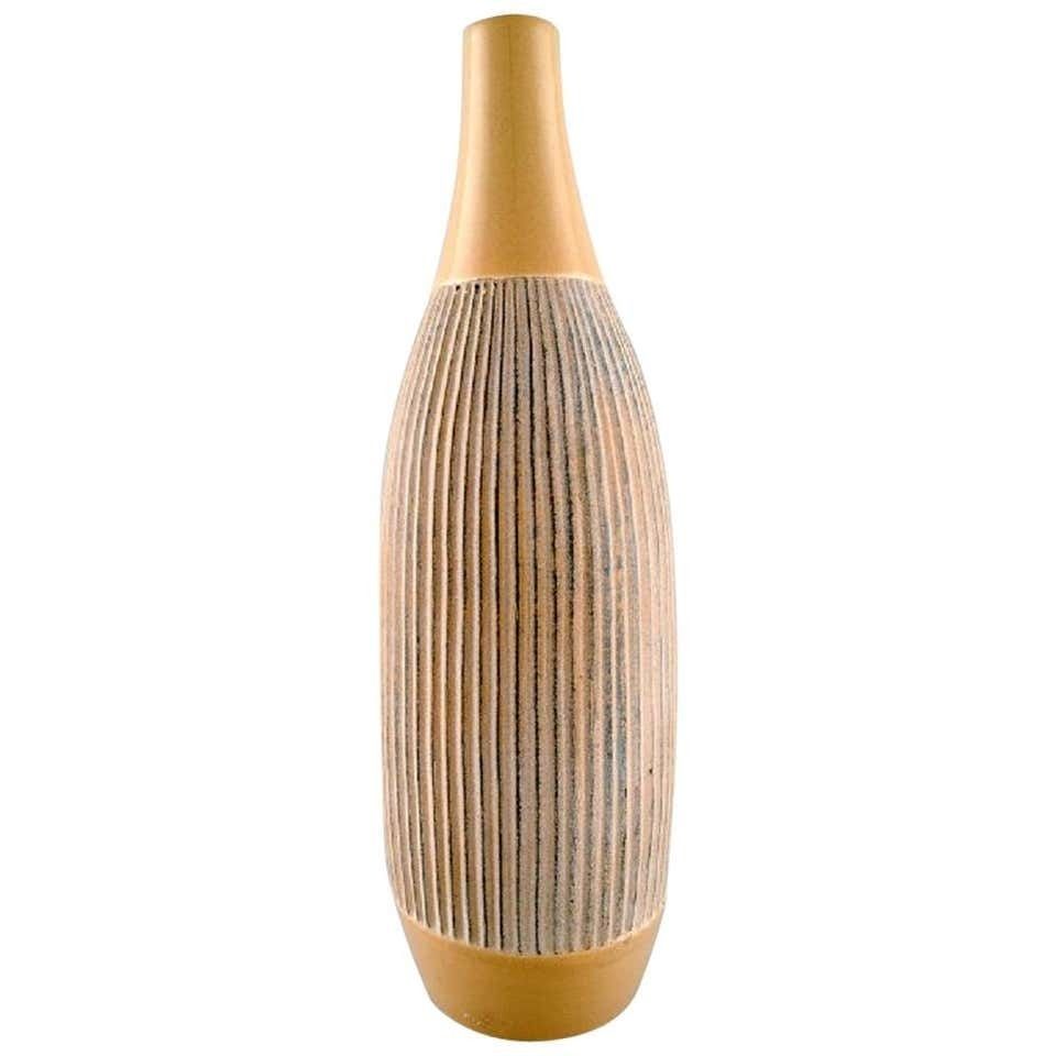 Scandinavian Ceramist, Large Vase In Glazed Ceramic With Grooved Body