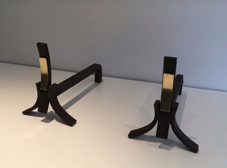 Brushed Steel And Brass Andirons. Circa 1950