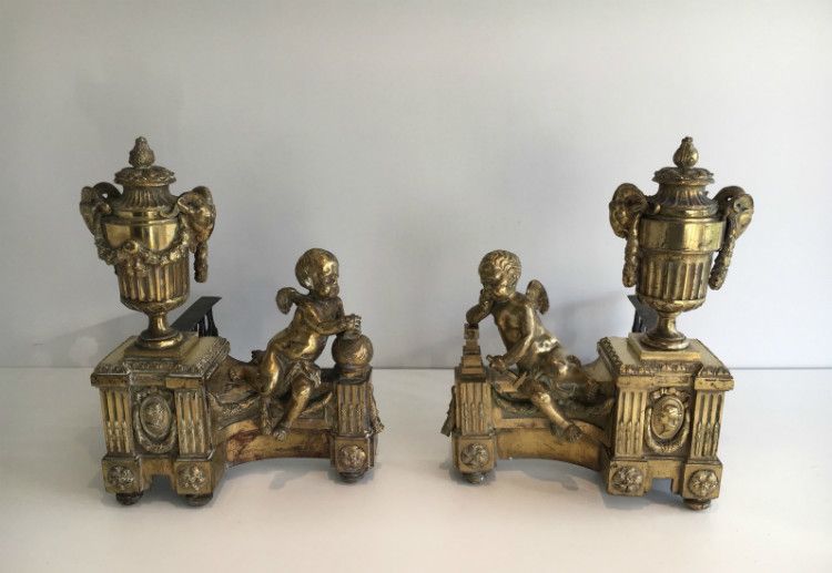 Beautiful Chiseled Bronze Andirons Representing A Cherub With The Earth And Another Cherub Working With An Anvil. Circa 1850 photo Art