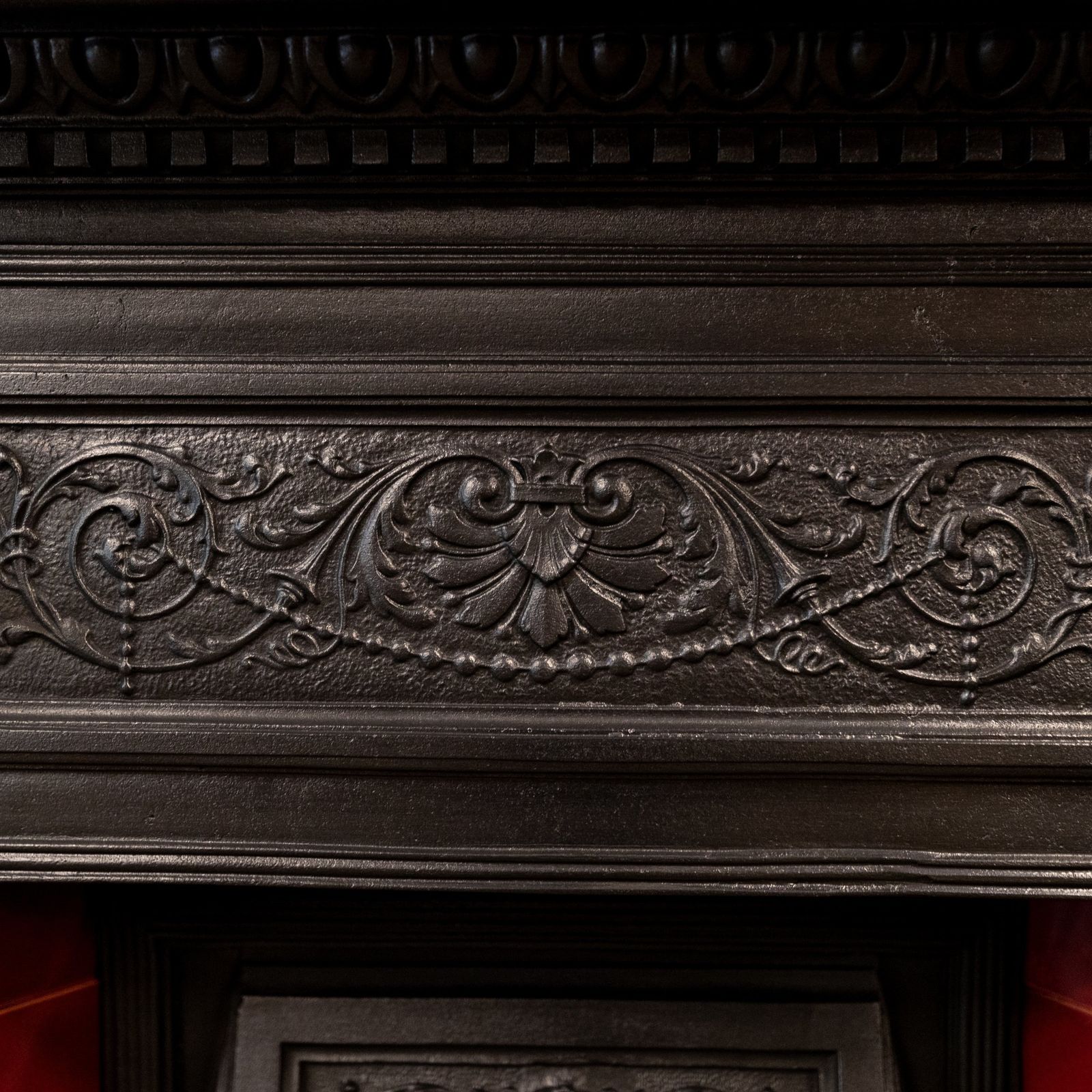 photo for sale Antique Edwardian Cast Iron Combination Fireplace With Red Tiles
