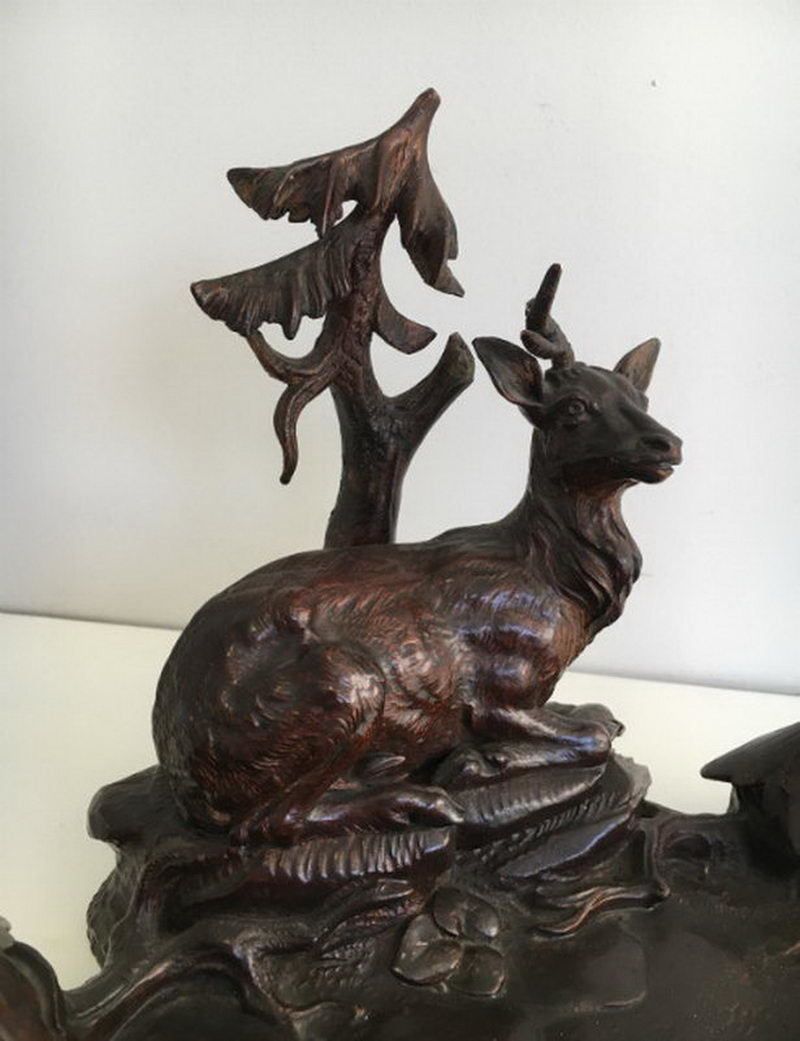 Black Forest Carved Wood Inkwell. Deer And Birds In The Forest. 19th Century photo 750.0