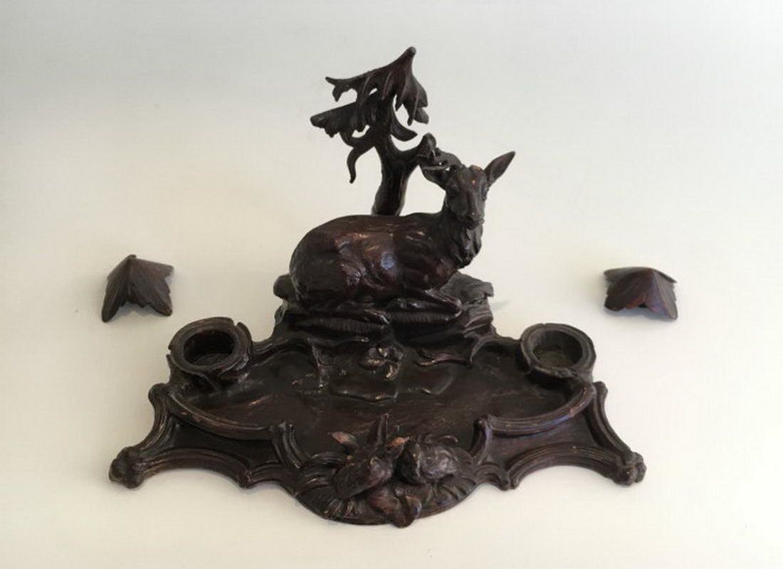 Black Forest Carved Wood Inkwell. Deer And Birds In The Forest. 19th Century photo vintage