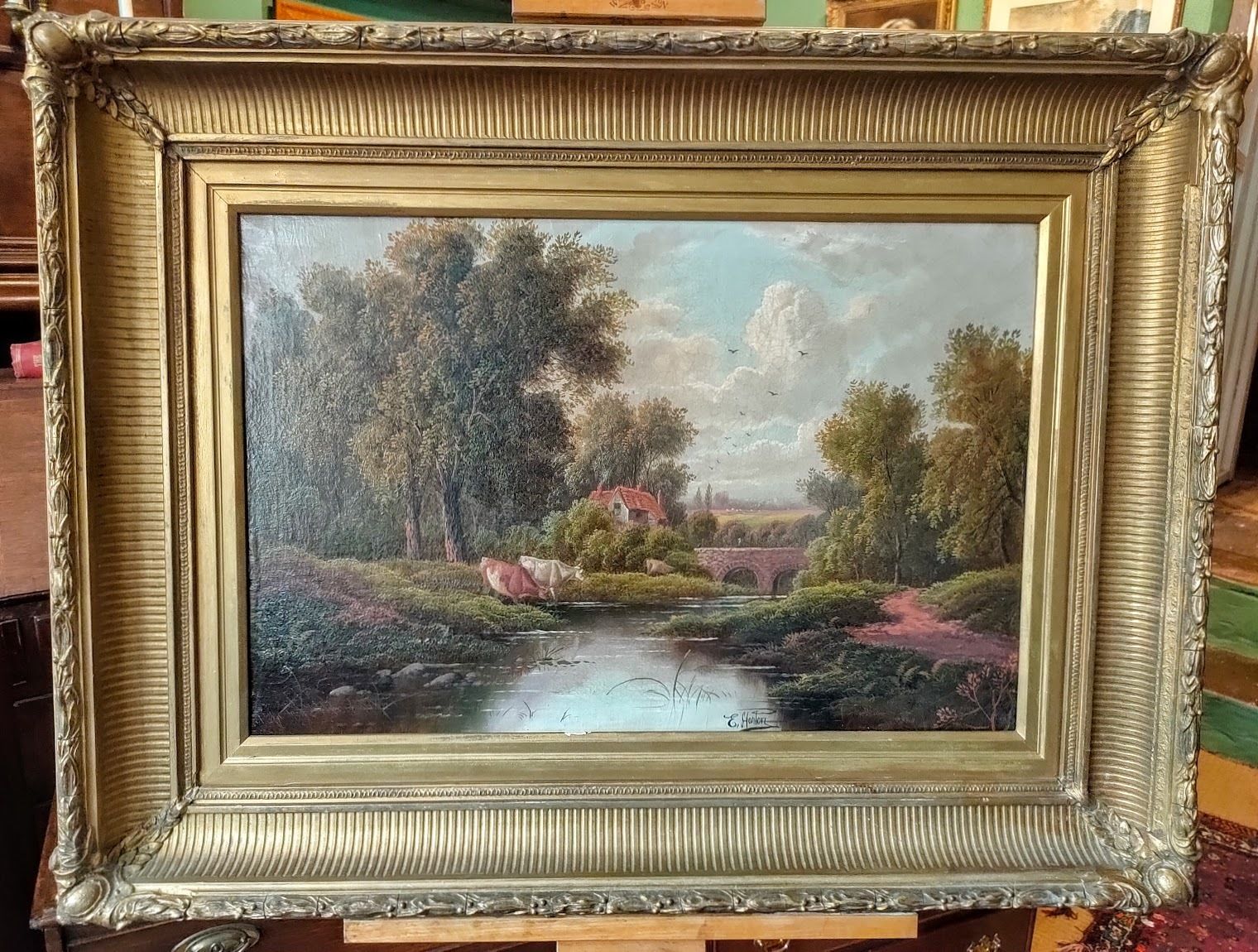 Oil Painting   Cows Grazing By A River Signed Etty Horton photo furniture