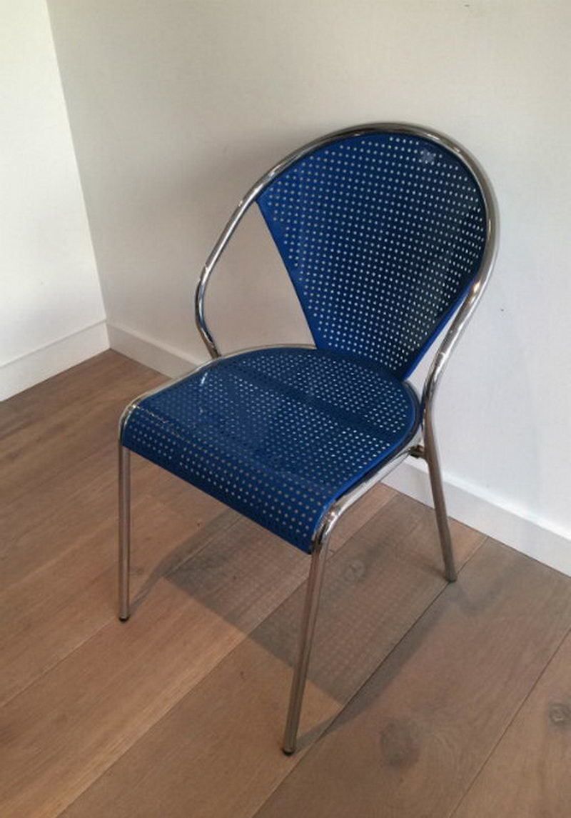 Set Of 4 Chrome And Blue Lacquered Perfored Metal Chairs. . Circa 1980 photo furniture