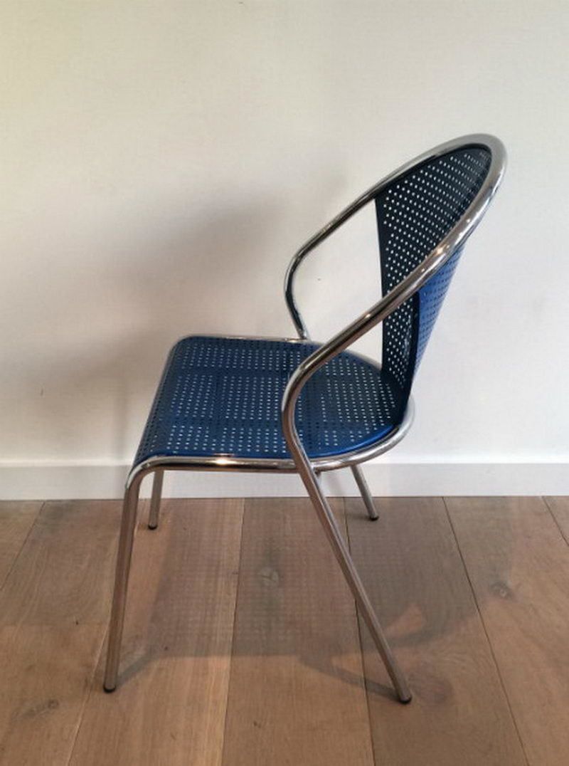 Set Of 4 Chrome And Blue Lacquered Perfored Metal Chairs. . Circa 1980 photo for sale