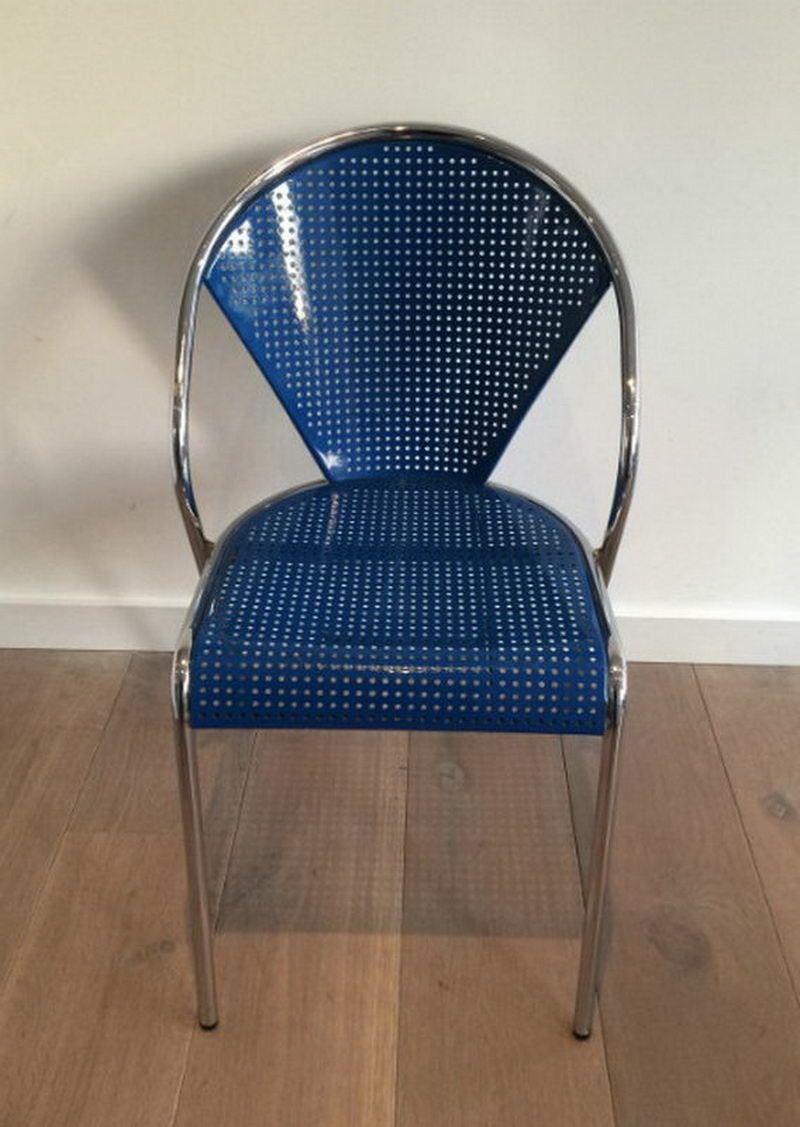 Set Of 4 Chrome And Blue Lacquered Perfored Metal Chairs. . Circa 1980 photo Furniture