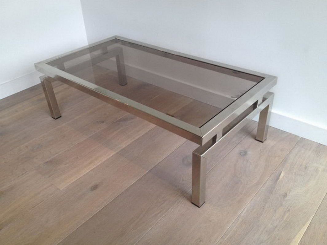 Chrome Coffee Table With Smoked Glass Top. In The Style Of Guy Lefèvre. Circa 1970