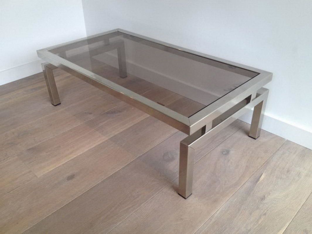 Chrome Coffee Table With Smoked Glass Top. In The Style Of Guy Lefèvre. Circa 1970 photo buy
