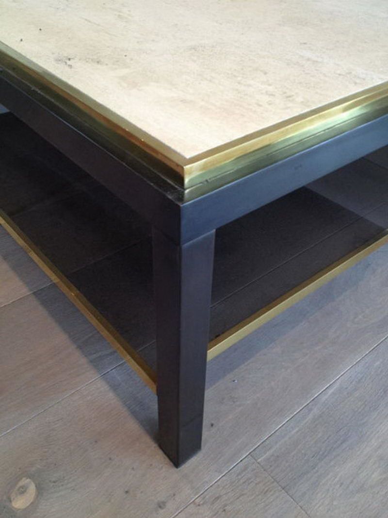 Beautiful Large Gun Metal Coffee Table With Travertine Top. French. Circa 1970 photo Furniture