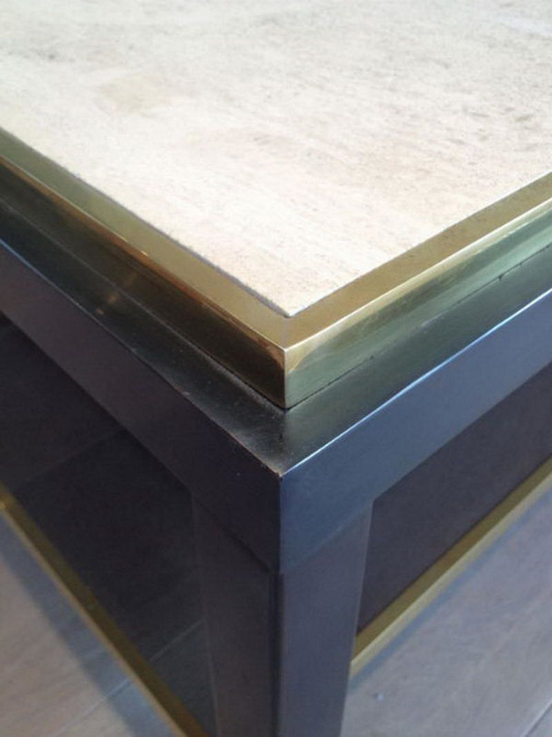Beautiful Large Gun Metal Coffee Table With Travertine Top. French. Circa 1970 photo 2220.0