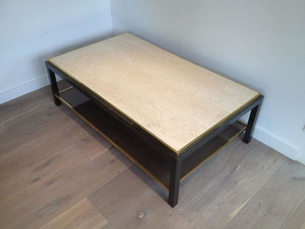 Beautiful Large Gun Metal Coffee Table With Travertine Top. French. Circa 1970 photo vintage