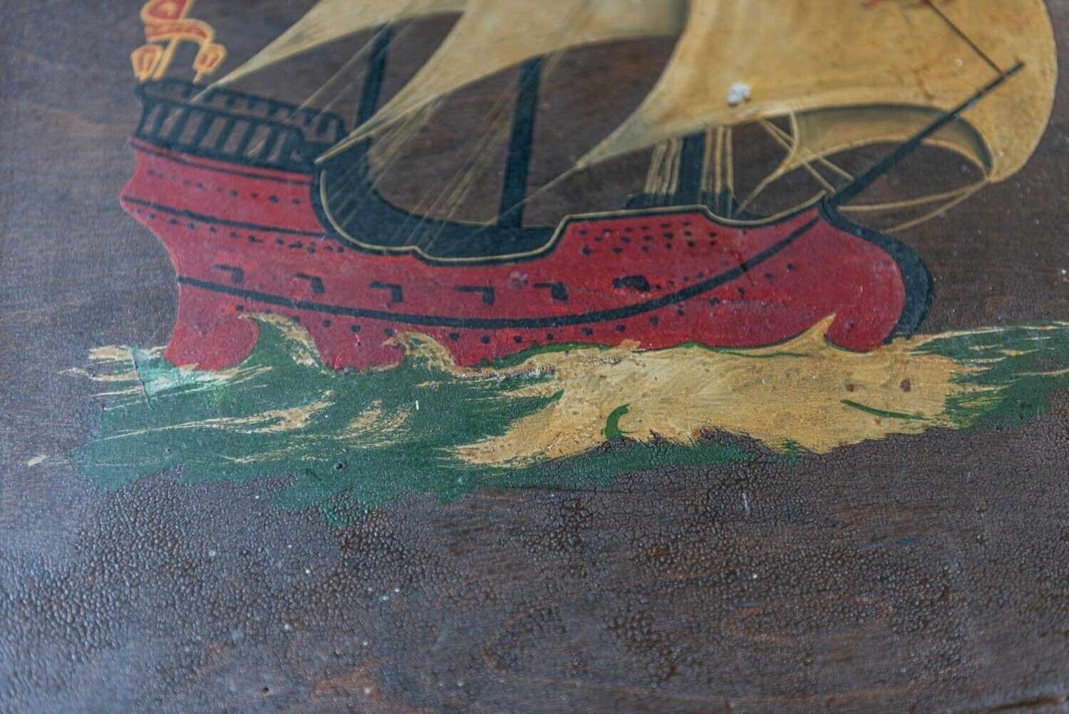 Naive Oil On Board English Galleon Ship Painting photo vinterior