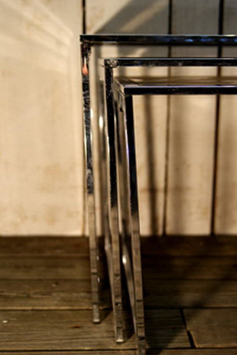 Set Of Chrome Nesting Tables With Smoked Glass. French. Circa 1970 photo 540.0