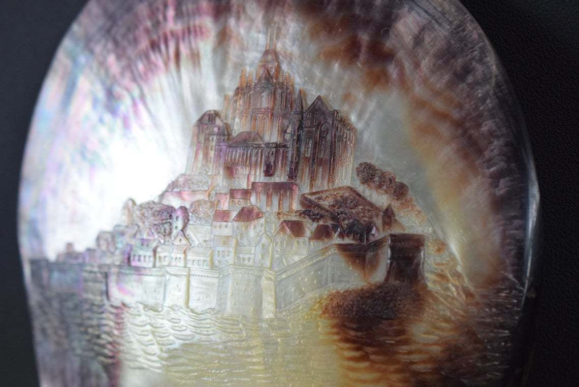 Victorian Grand Tour Mont Saint Michel Carved Shell Plaque Mother Of Pearl photo for sale