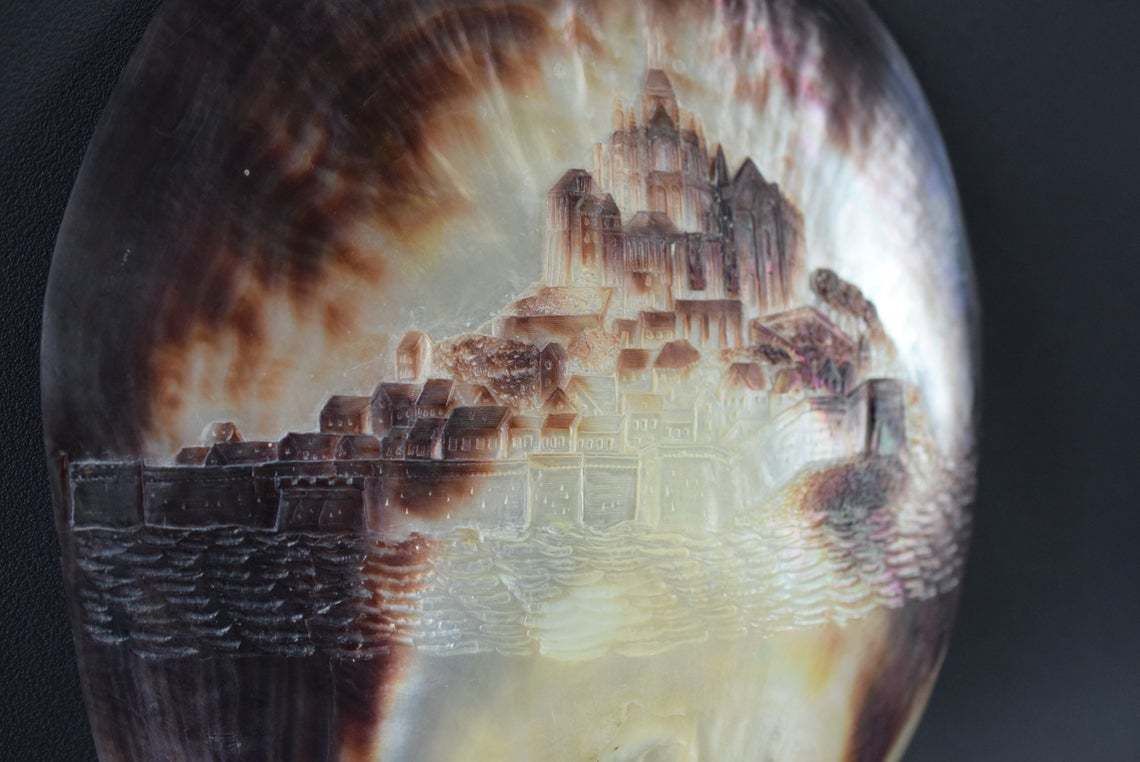Victorian Grand Tour Mont Saint Michel Carved Shell Plaque Mother Of Pearl photo vinterior
