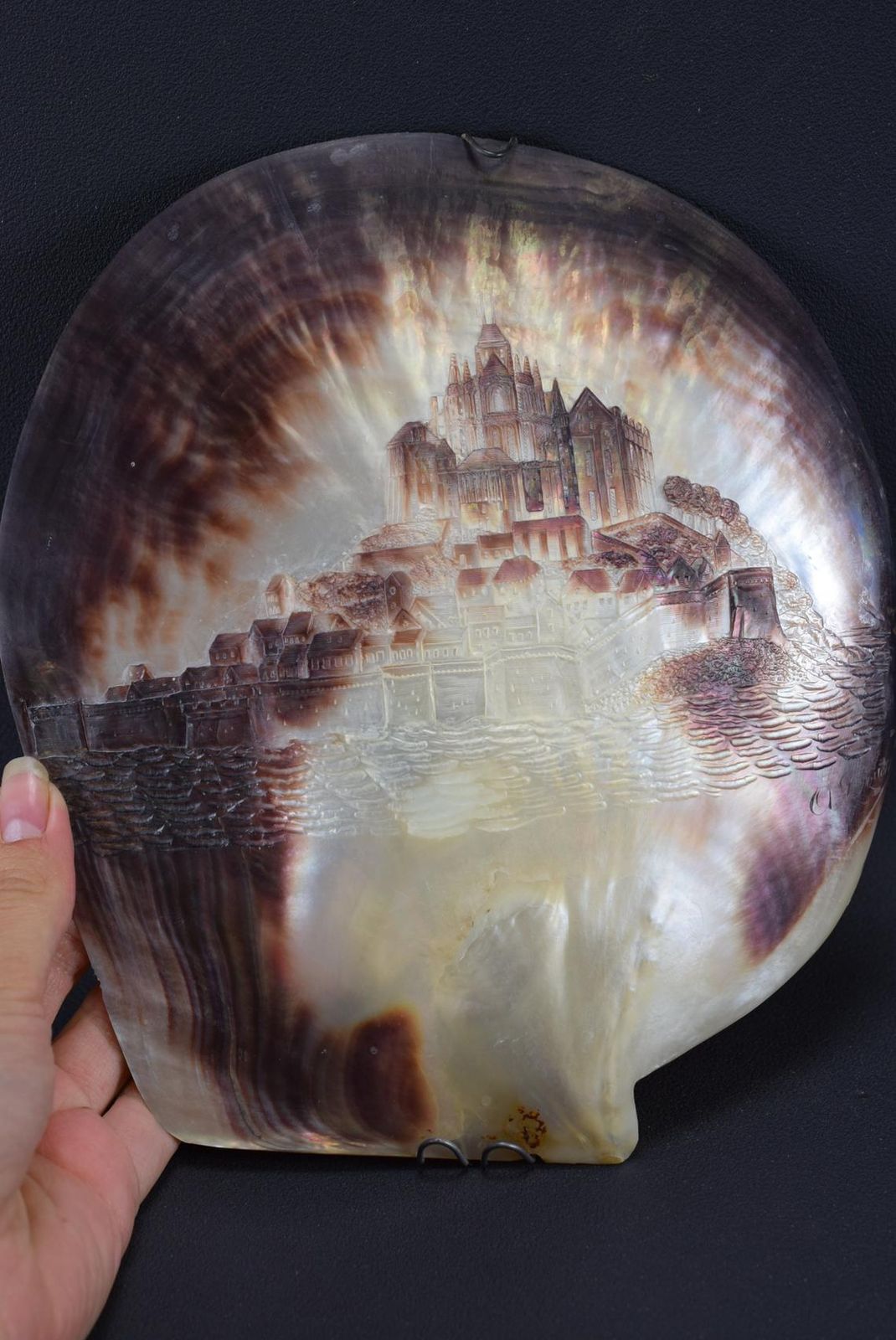 photo for sale Victorian Grand Tour Mont Saint Michel Carved Shell Plaque Mother Of Pearl