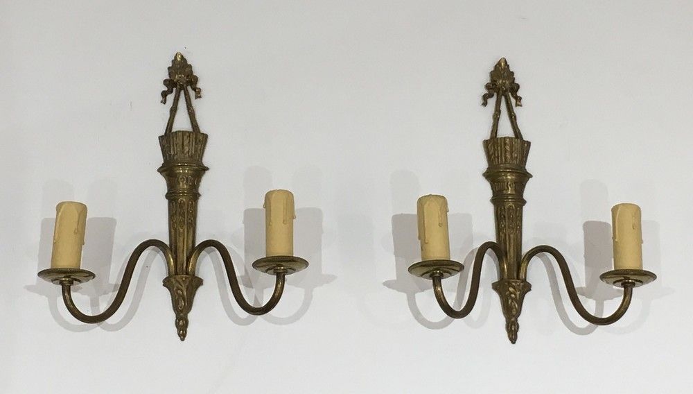 Pair Of Louis XVI Style Wall Lights In Bronze With Quiver And Ribbons. French Work