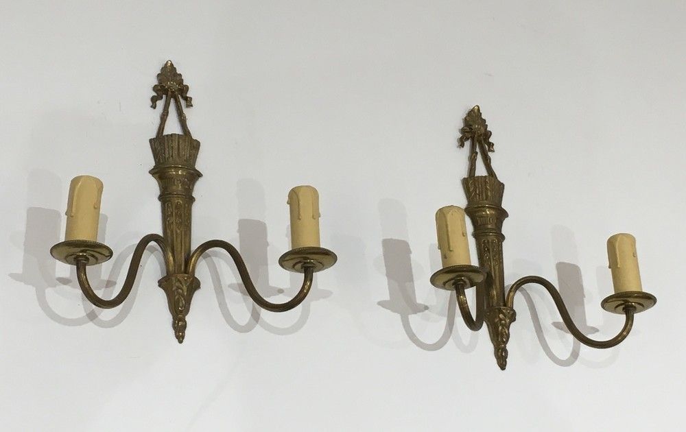 Pair Of Louis XVI Style Wall Lights In Bronze With Quiver And Ribbons. French Work photo furniture
