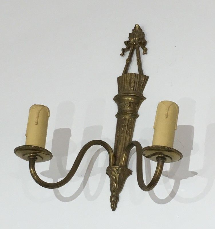 Pair Of Louis XVI Style Wall Lights In Bronze With Quiver And Ribbons. French Work photo vintage