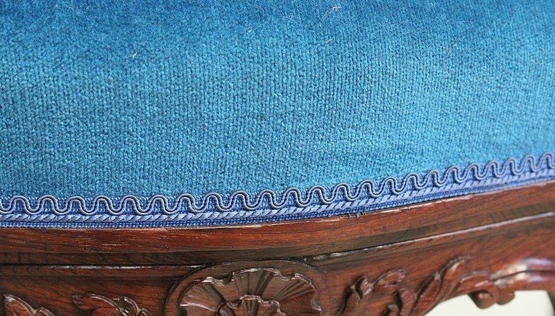 photo for sale Stool In Blue Velvet And Rosewood, Modular Height, Louis XV Style, Napoleon III Period  19th Century