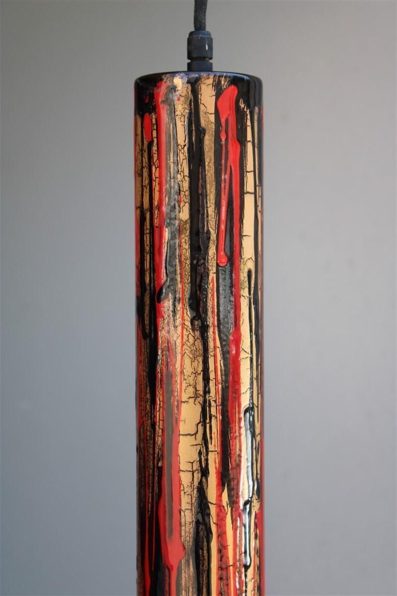 Midcentury Italian Chandelier Enamel Glass Laurana Art 1950s Gold Black Red photo for sale