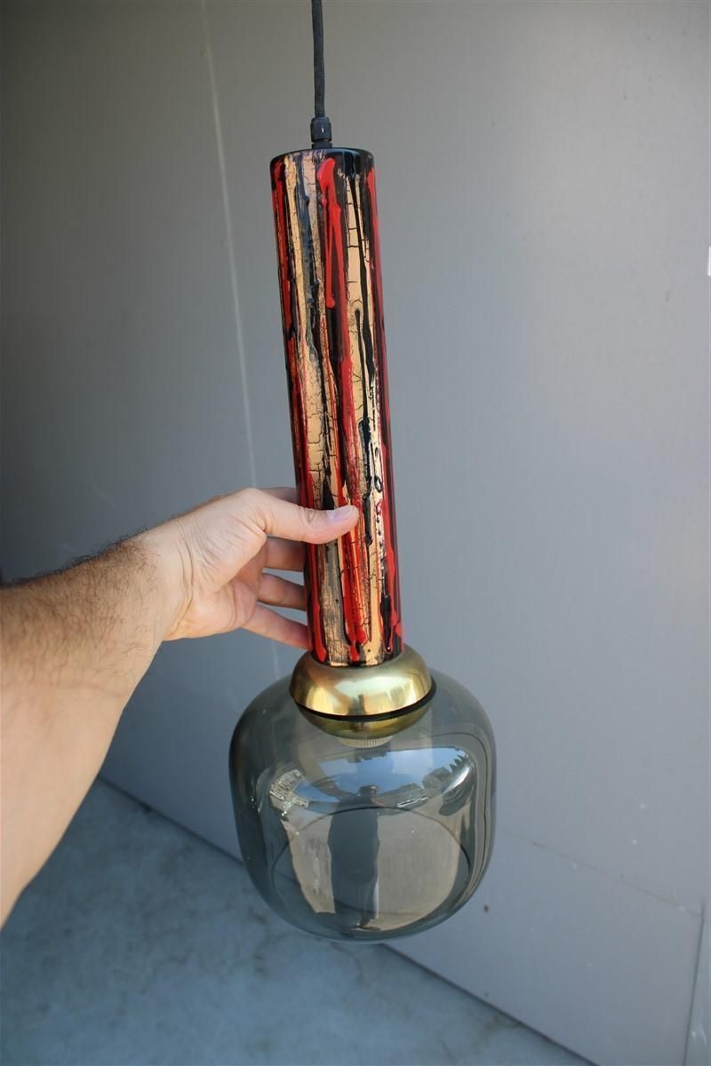 Lighting Midcentury Italian Chandelier Enamel Glass Laurana Art 1950s Gold Black Red photo