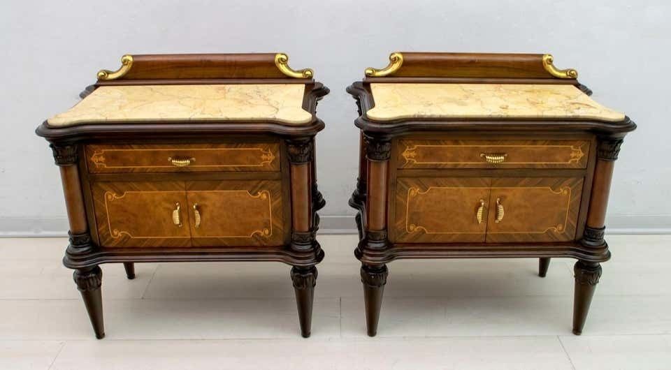 Pair Of Mid Century Italian Walnut And Cream Valencia Marble Nightstands, 1940s photo furniture