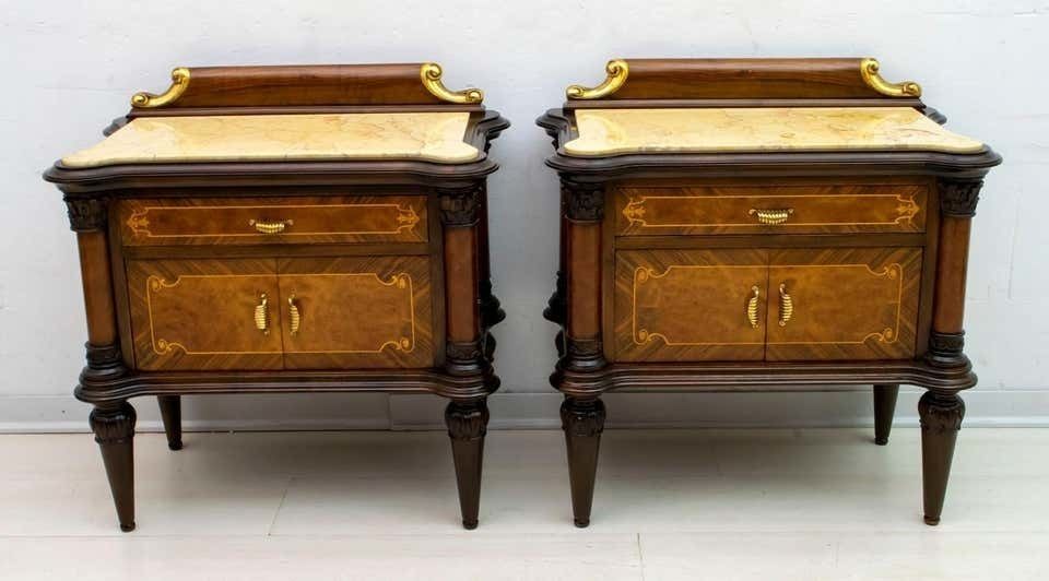 Pair Of Mid Century Italian Walnut And Cream Valencia Marble Nightstands, 1940s photo Furniture
