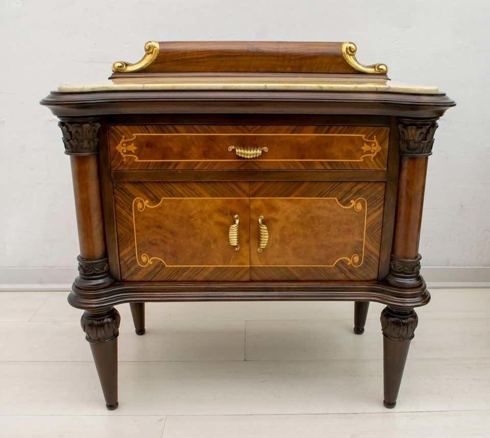 Pair Of Mid Century Italian Walnut And Cream Valencia Marble Nightstands, 1940s photo vintage