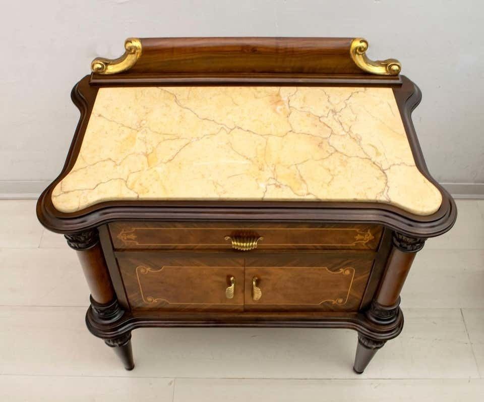 photo buy Pair Of Mid Century Italian Walnut And Cream Valencia Marble Nightstands, 1940s