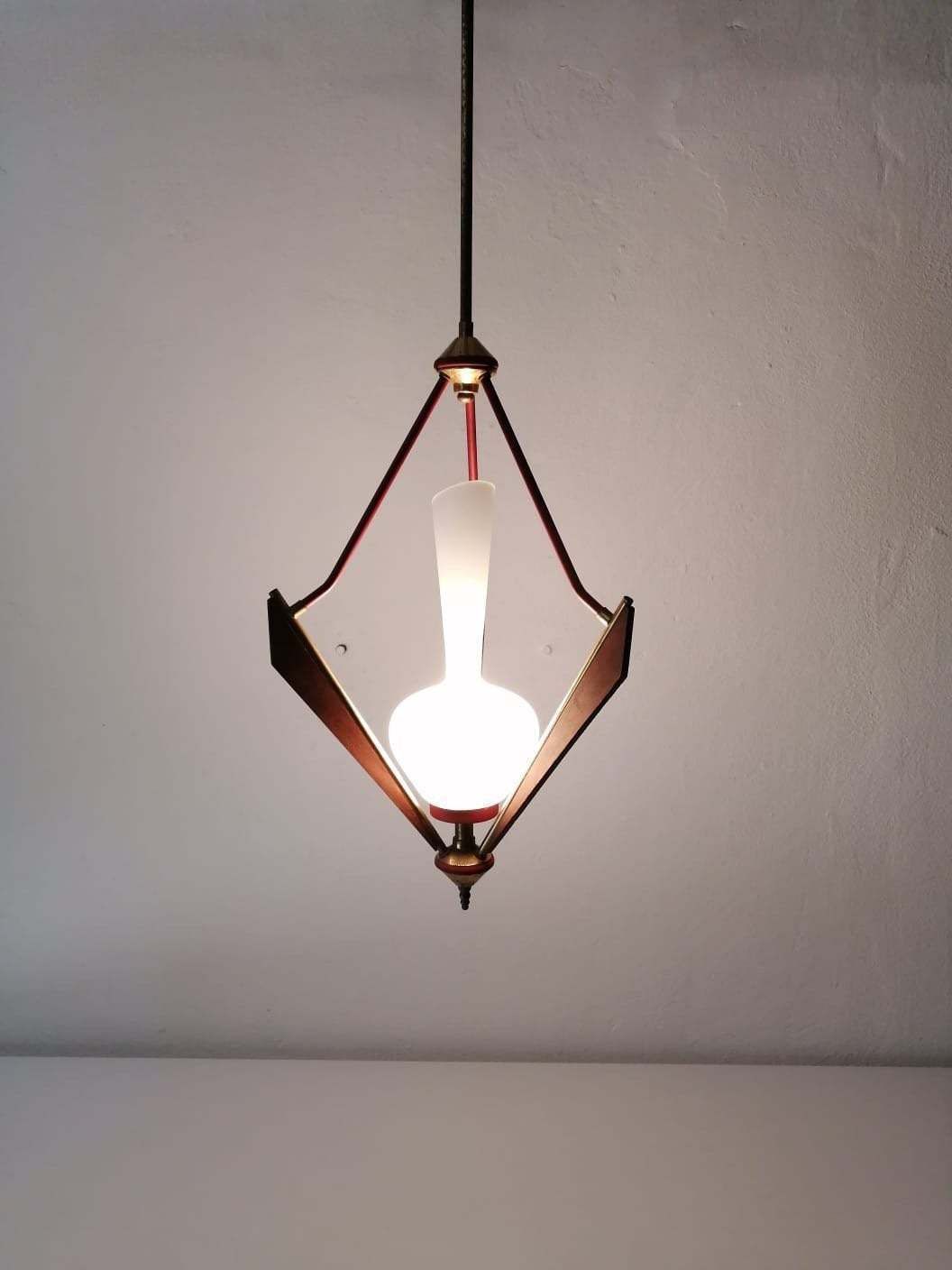 Gorgeous Italian Design Opal Glass   Wooden & Brass Chandelier   1950s Italy photo furniture