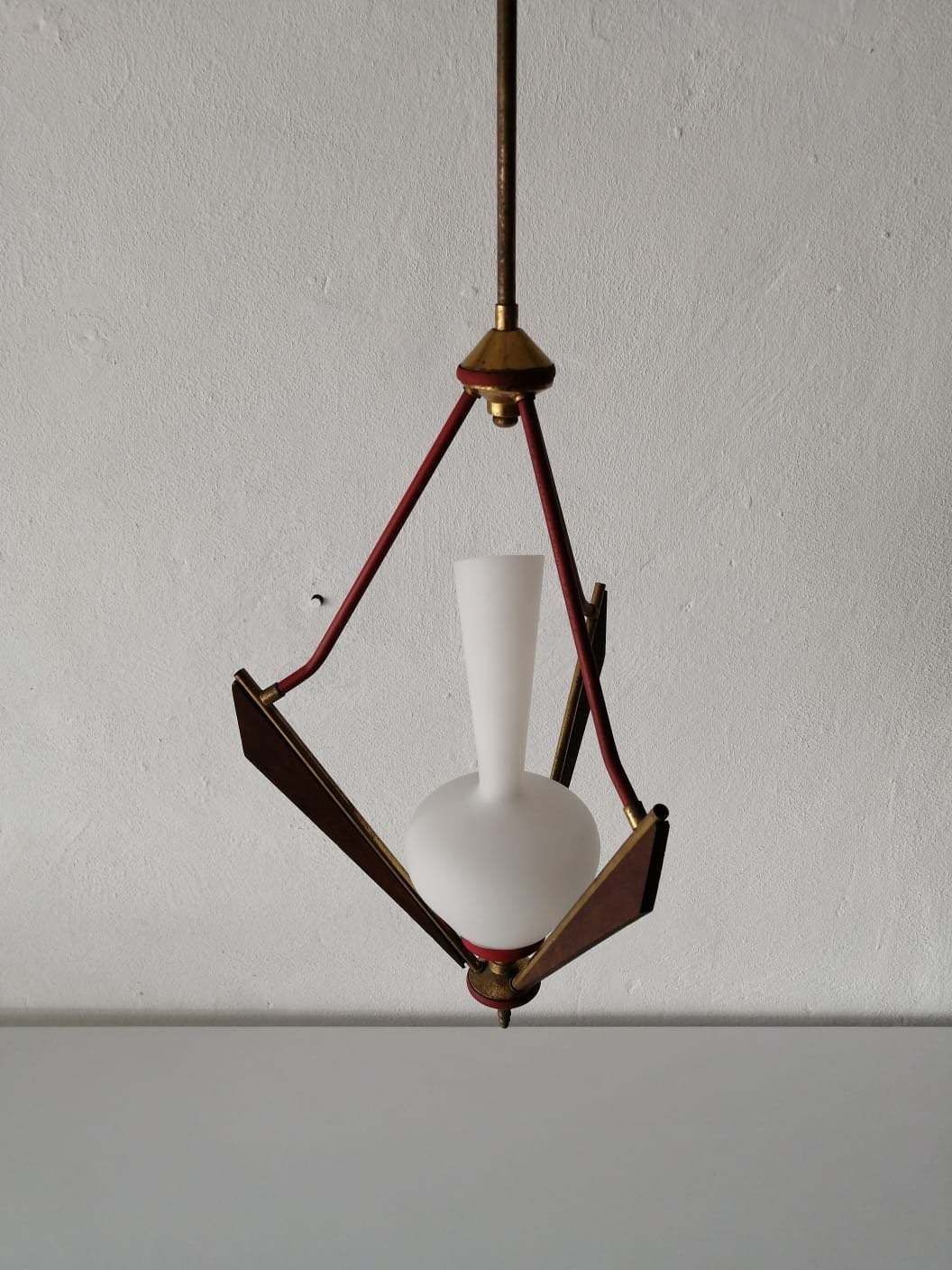 Gorgeous Italian Design Opal Glass   Wooden & Brass Chandelier   1950s Italy photo for sale