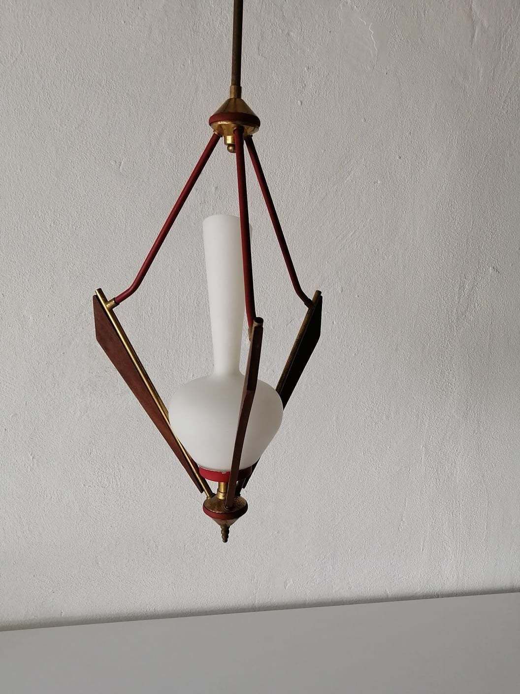 Gorgeous Italian Design Opal Glass   Wooden & Brass Chandelier   1950s Italy photo Lighting