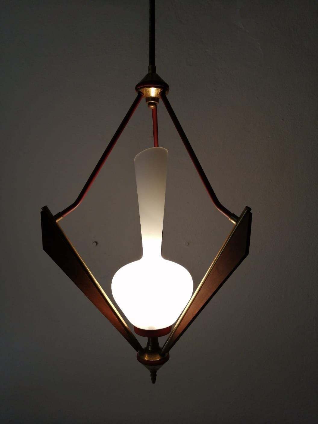 Gorgeous Italian Design Opal Glass   Wooden & Brass Chandelier   1950s Italy photo buy