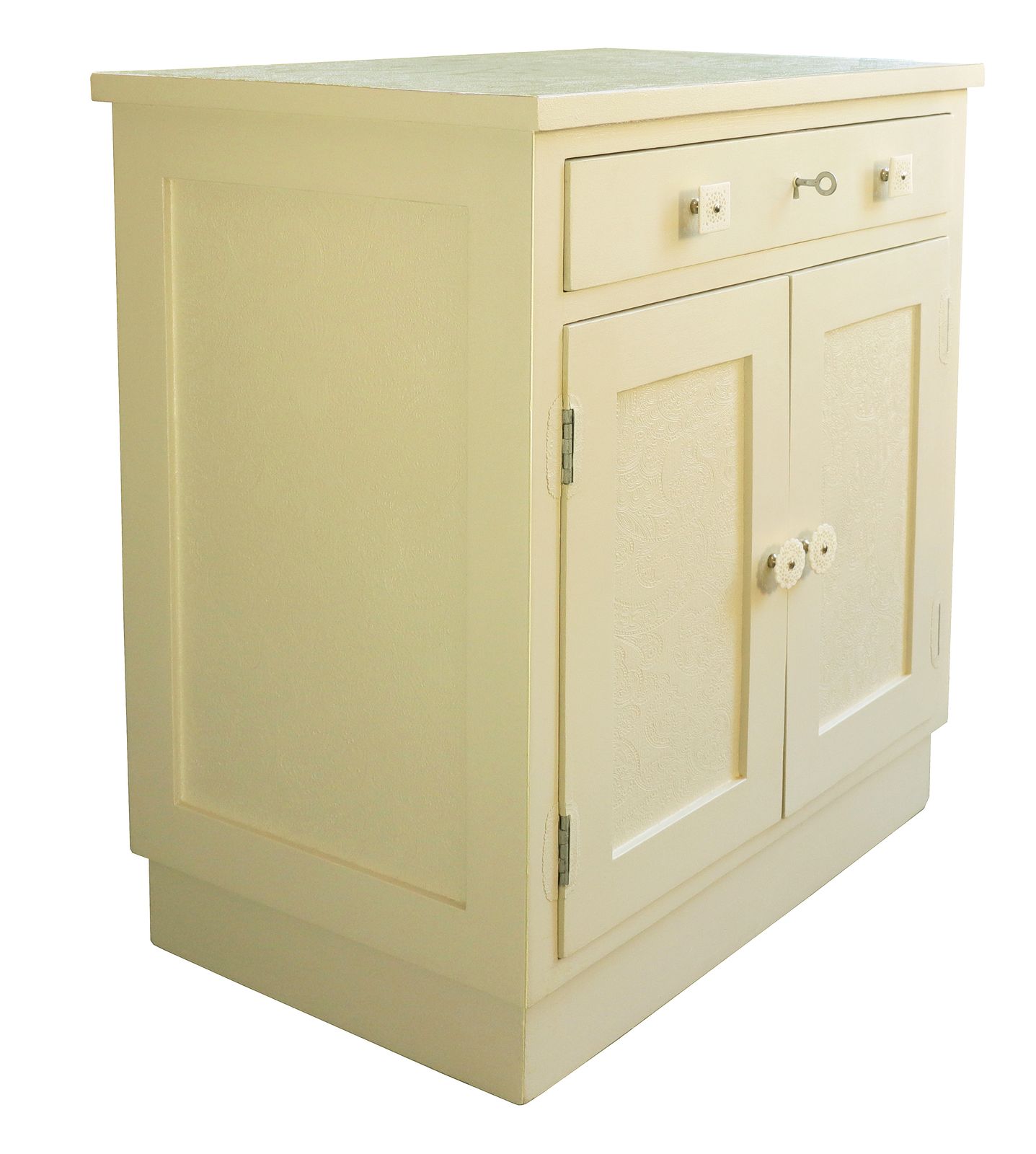 photo furniture "Hindustani Paisley" Restyled Small Armoire By Habitat Improver With Textured/Printed Wallpapers And Ivory Paint