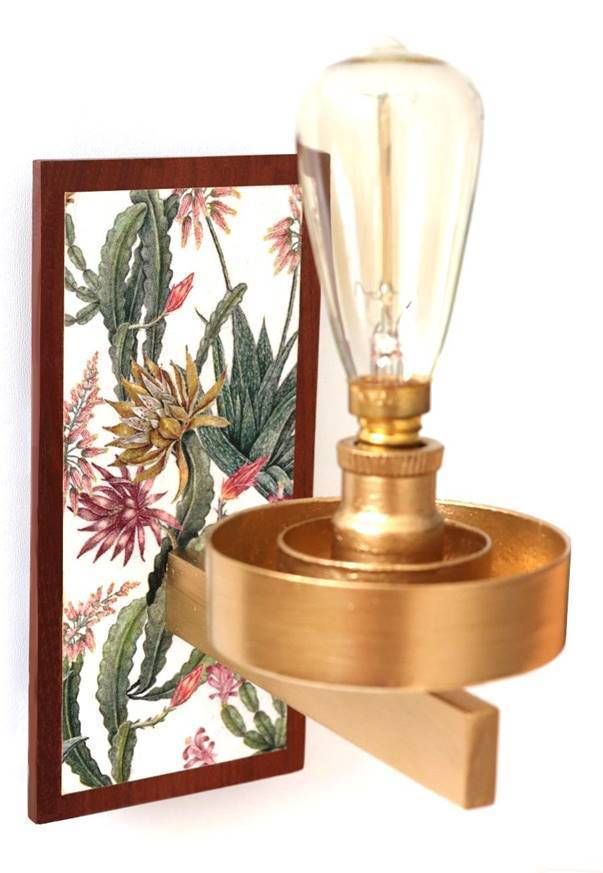 "Biophilia Fix" Restyled Wall Sconces By Habitat Improver With Paper Napkin Découpage And Gold Paint photo for sale