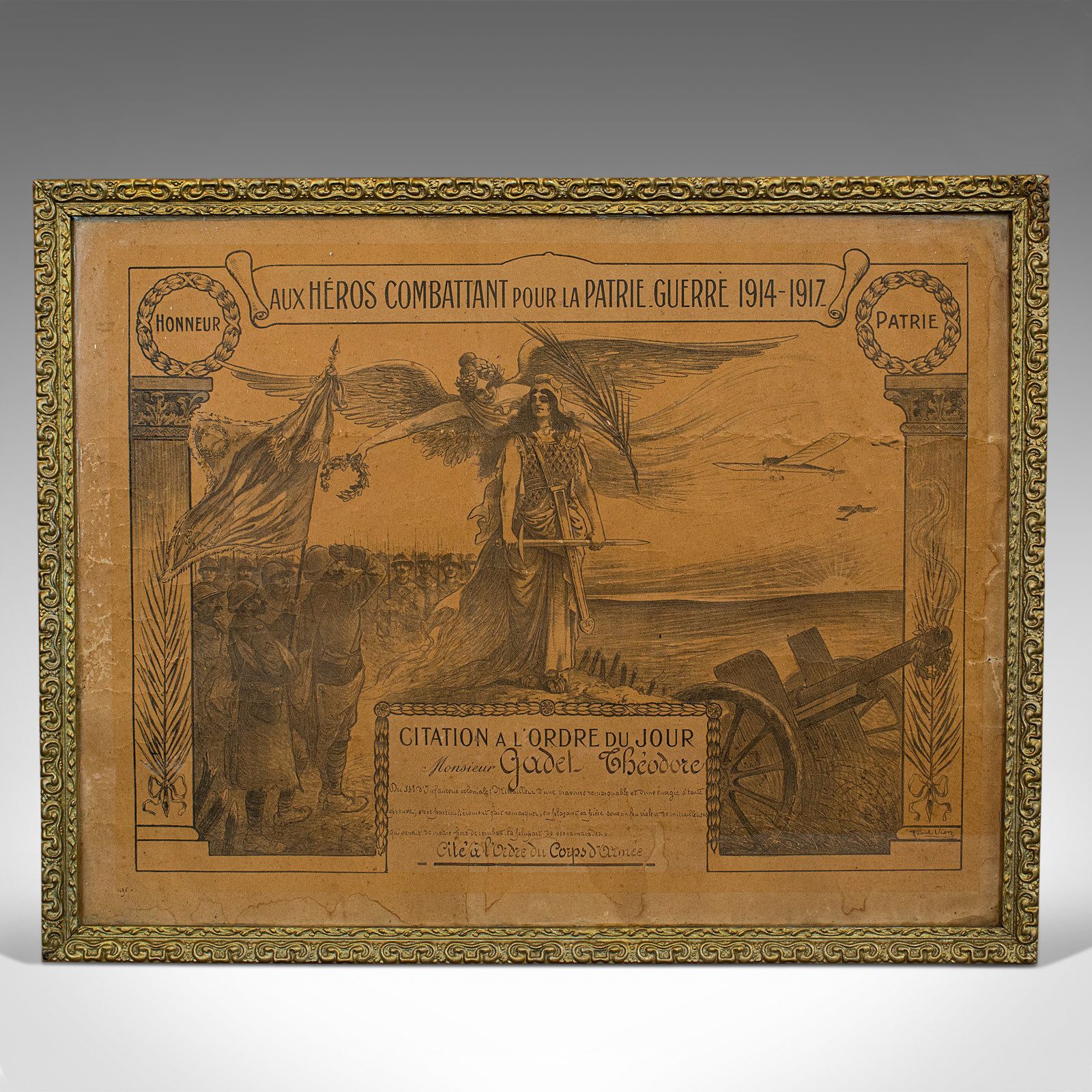 Antique Pair Of Framed Certificates, French, Award Of Honour, Ww1, Circa 1920 photo Home Decor