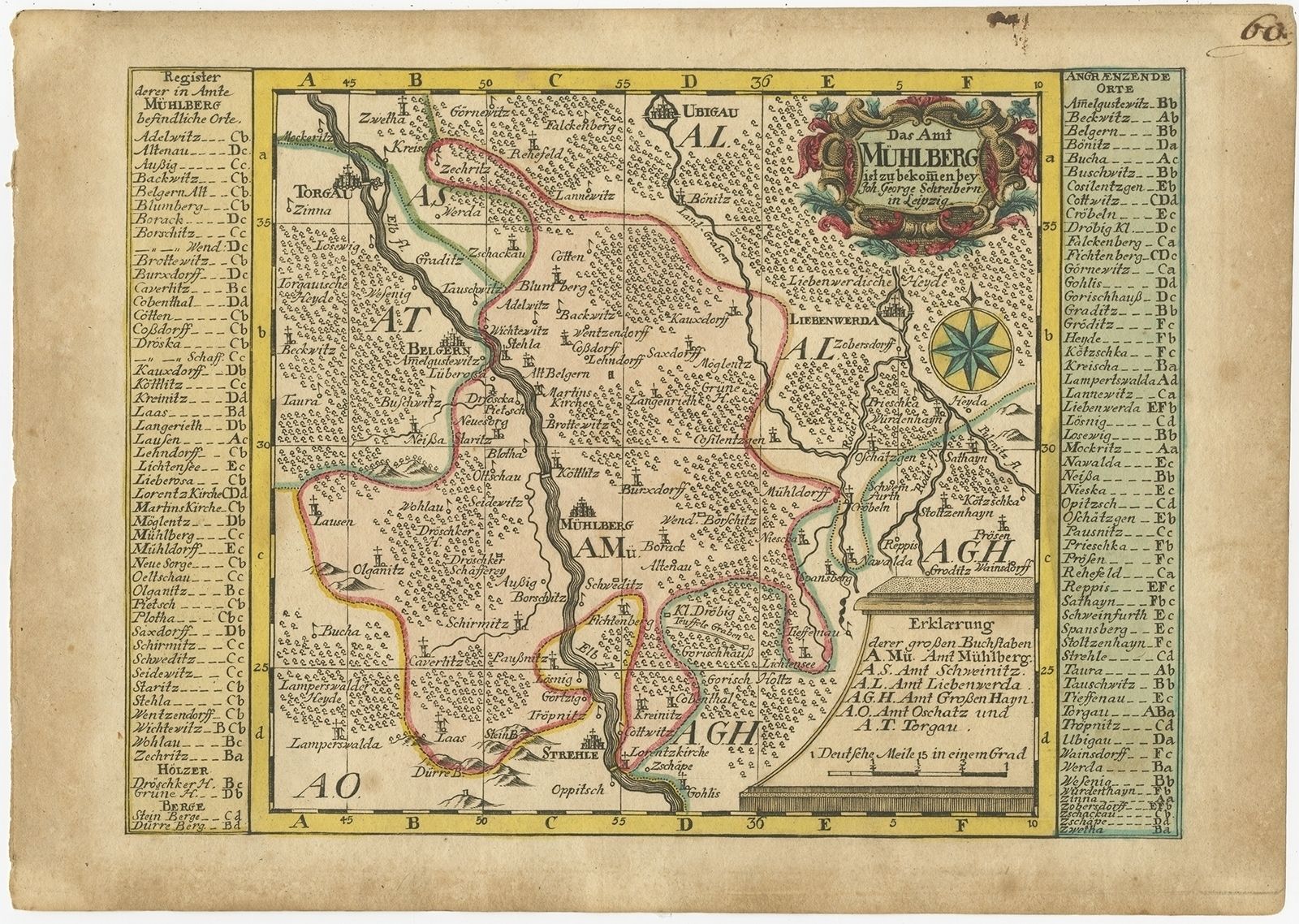 Antique Map Of The Region Of Mühlberg By Schreiber (1749)