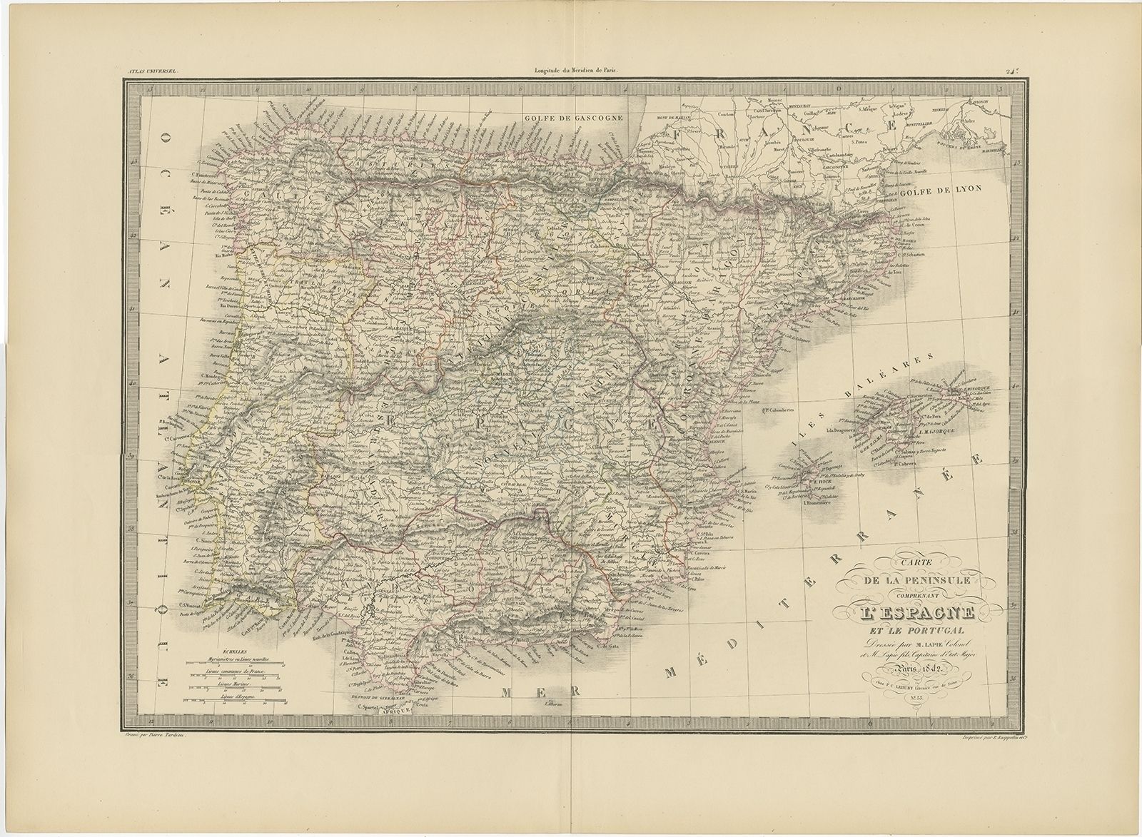 Antique Map Of Spain And Portugal By Lapie (1842)